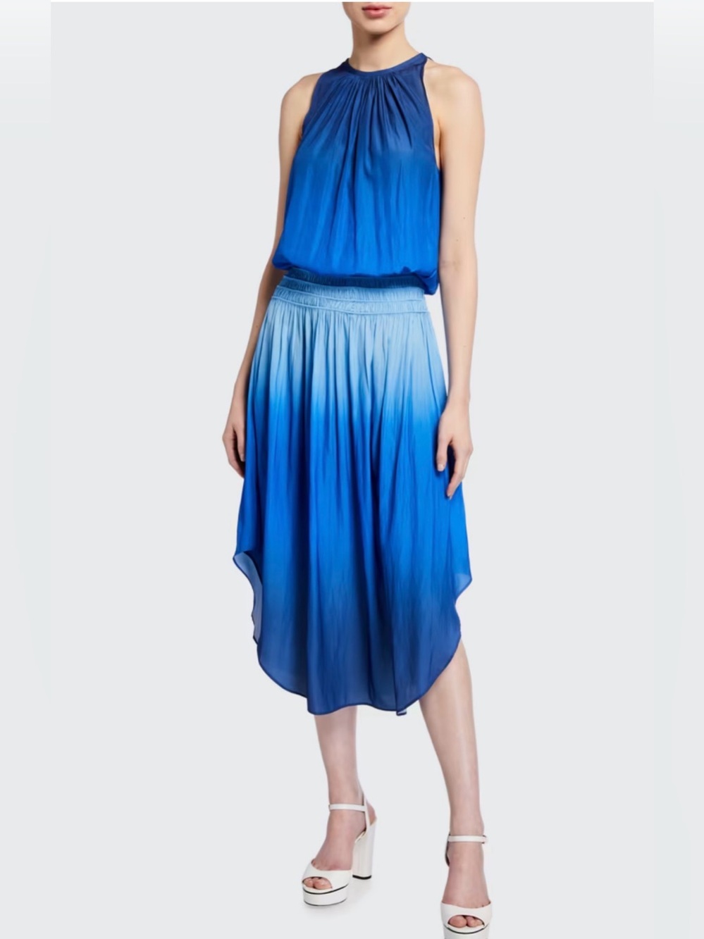Ramy Brook New York Blue Ombre Pleated Midi Dress Halter Handkerchief Hem XS
